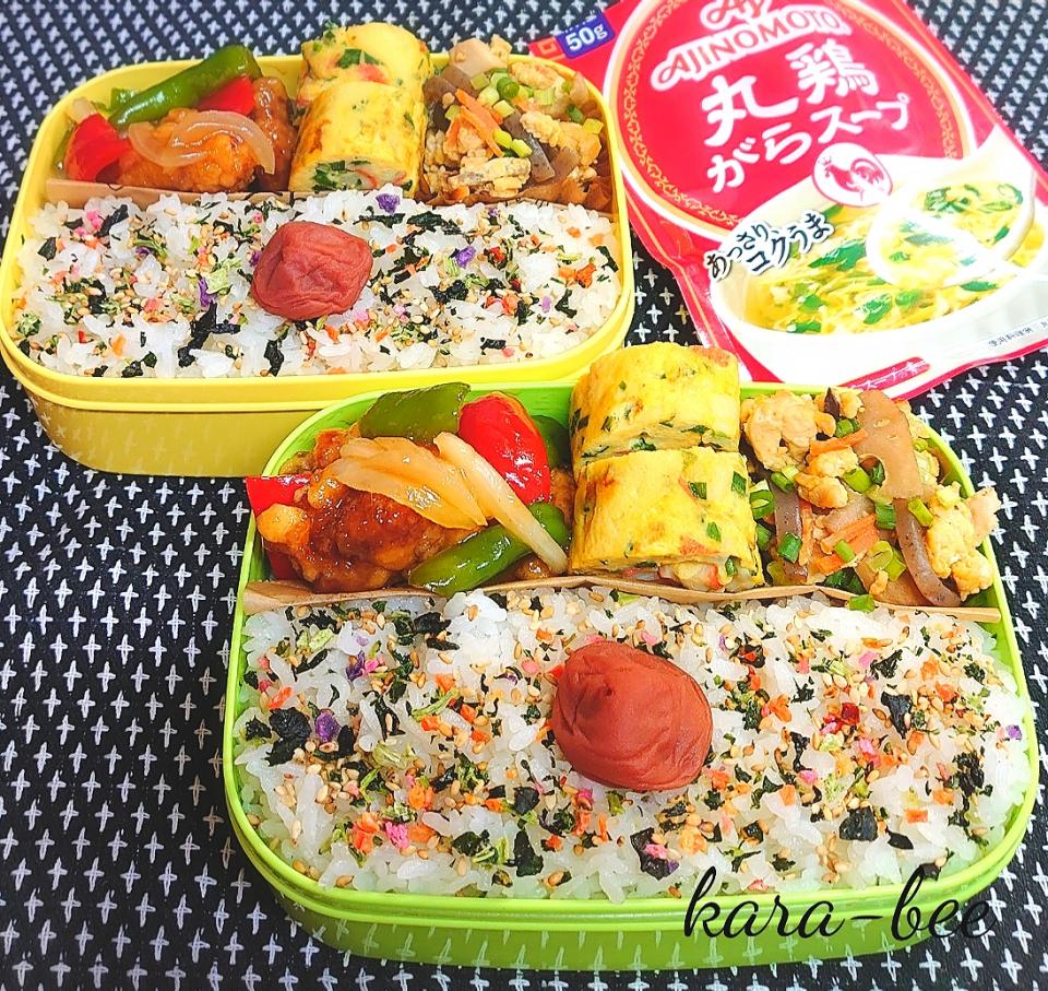 母とムスコのラブラブおソロ♪丸鶏がらスープで中華風ニラ玉だし巻き玉子＆酢鶏弁当